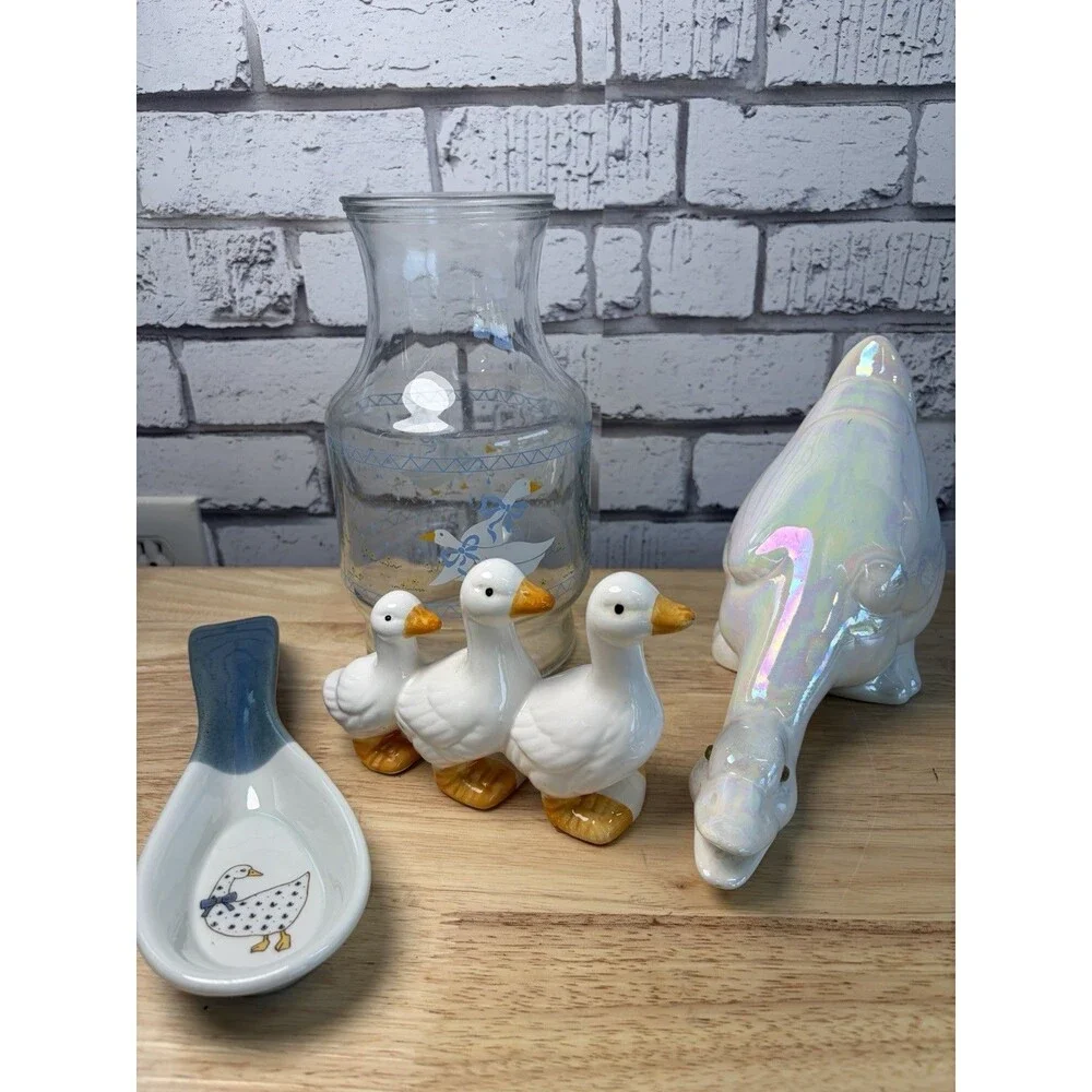 Vintage Goose Lot 4 Pcs Pitcher Spoon Rest Figurines Blue Ribbon Goose Geese